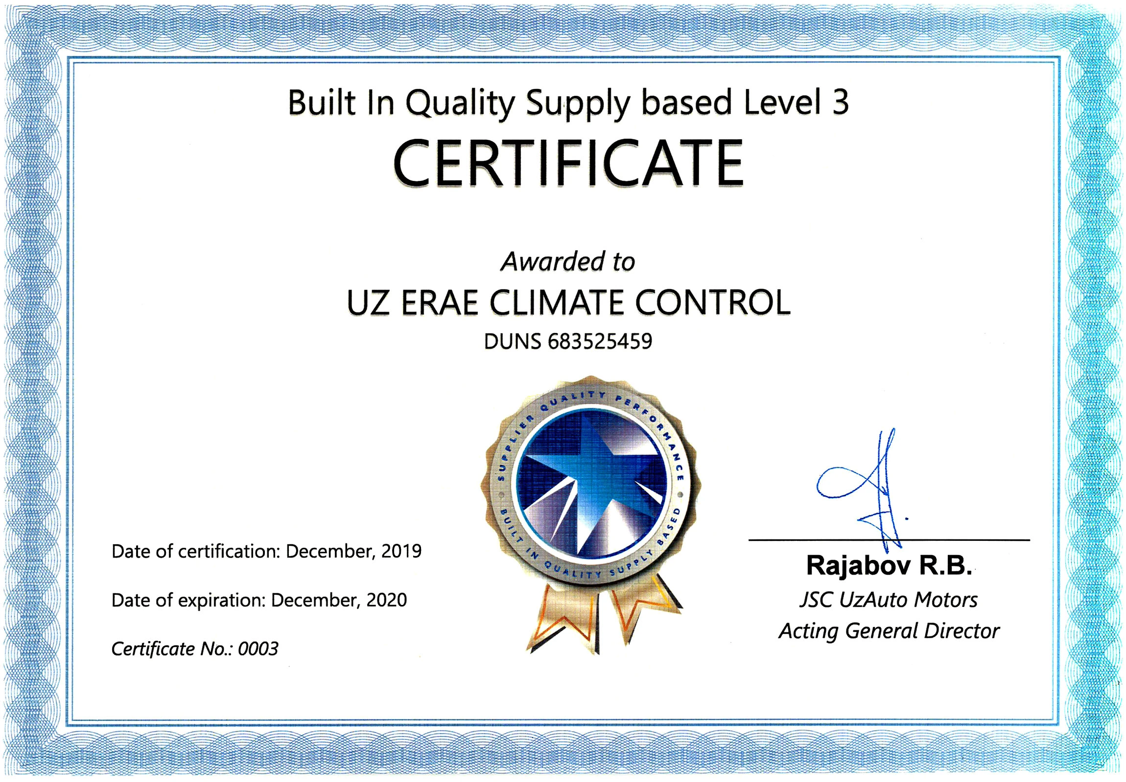 UzAuto Motors 3-darajali sifat sertifikatini taqdim etdi.