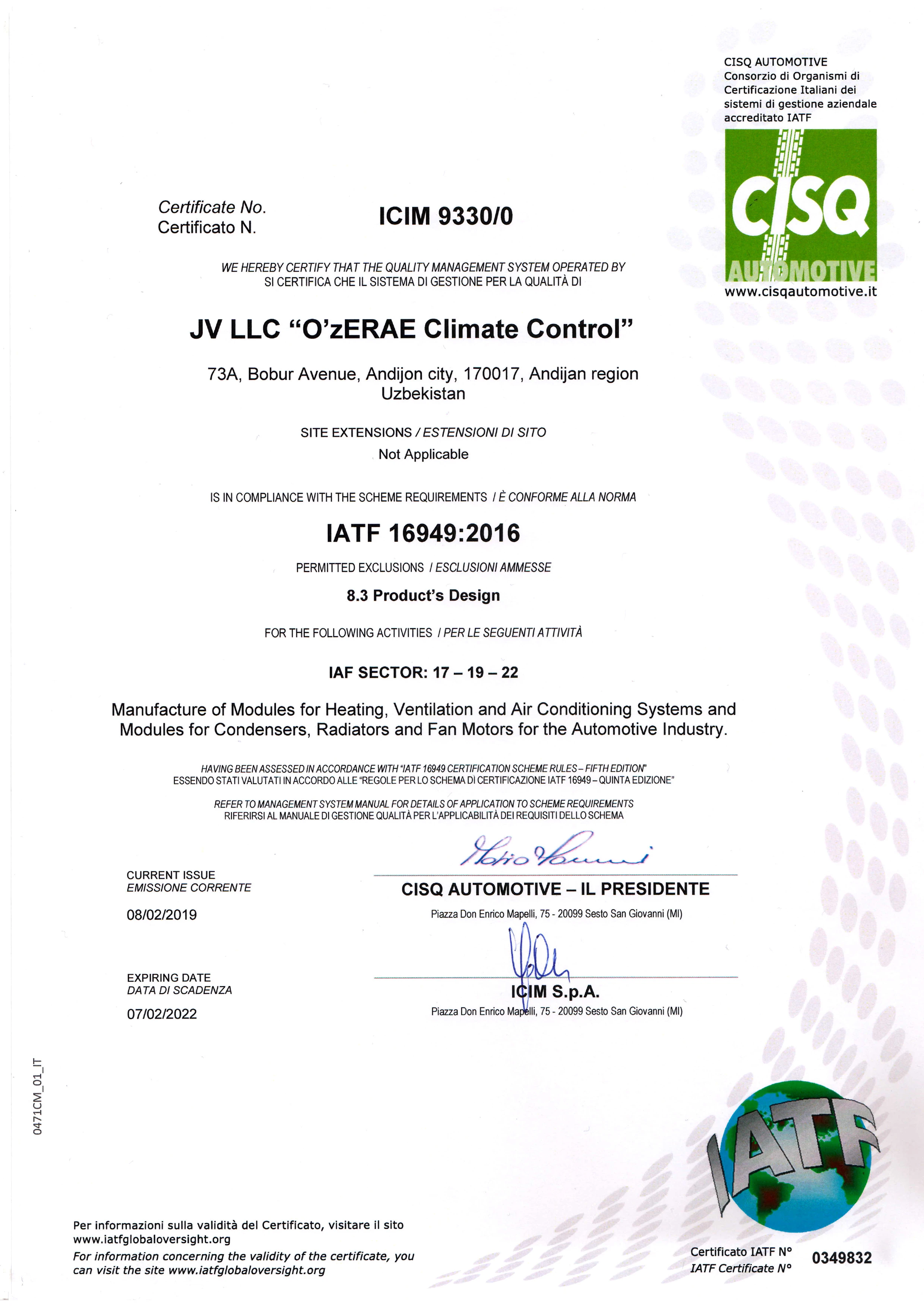 "O'z Erae CLIMATE CONTROL" MCHJ QK o'z DSt ISO 50001:2015 standartiga muvofiq energiyani boshqarish tizimi sertifikatini oldi.